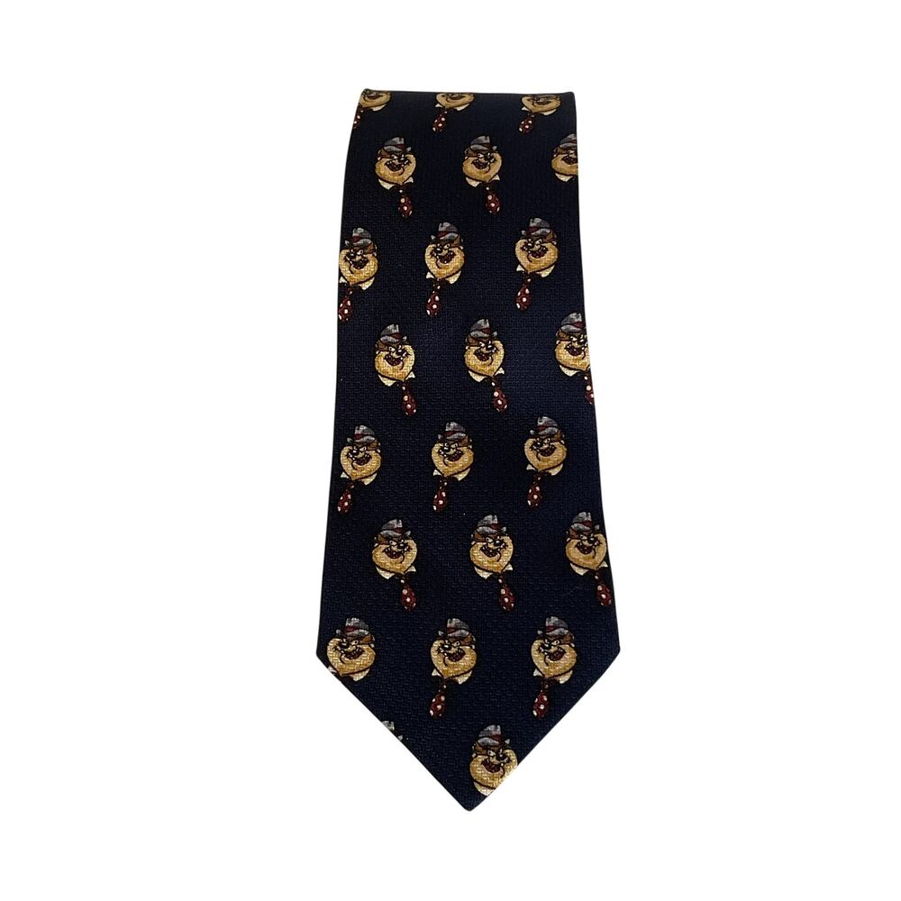 Vintage Warner Bros Taz Tasmanian Devil 100% Silk Necktie Navy Blue Looney Tunes